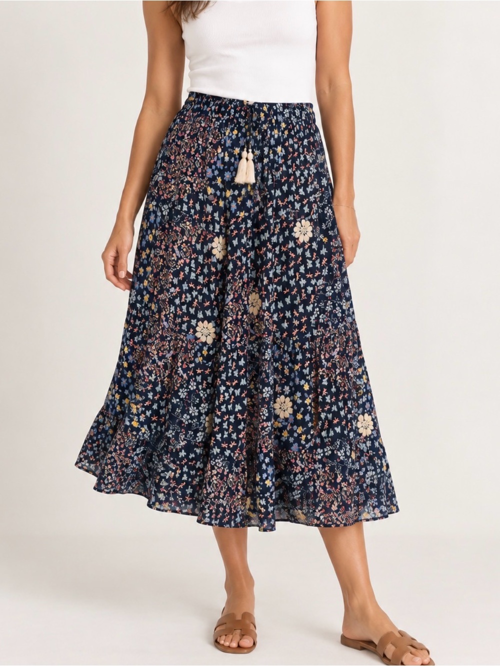 RAGA Anthropologie Navy Floral Midi Skirt with Embroidery and Tassel Detail
